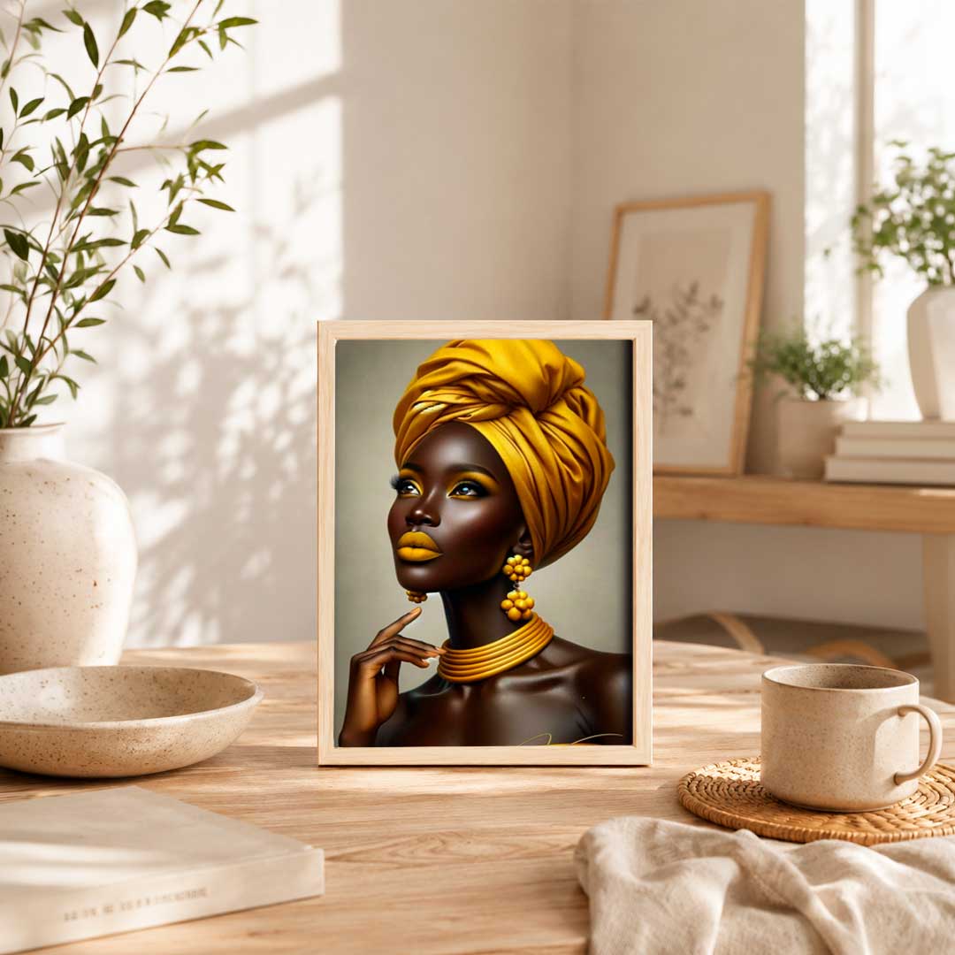 Retrato estilizado de una mujer con turbante mostaza y accesorios a juego, en tonos vibrantes y elegantes. Perfecto para decorar cualquier espacio.