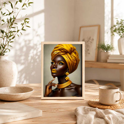 Retrato estilizado de una mujer con turbante mostaza y accesorios a juego, en tonos vibrantes y elegantes. Perfecto para decorar cualquier espacio.