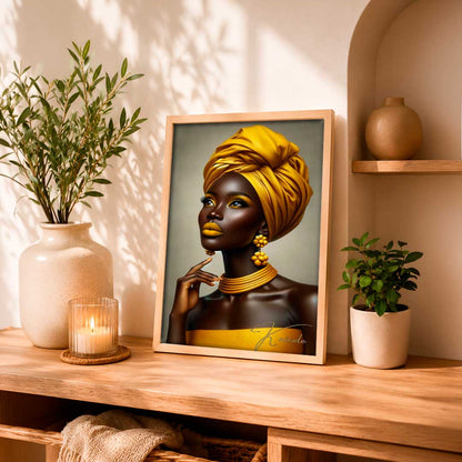 Retrato estilizado de mujer con turbante y joyería en tonos dorados y amarillos, evocando un estilo africano elegante. Ideal para enriquecer espacios.