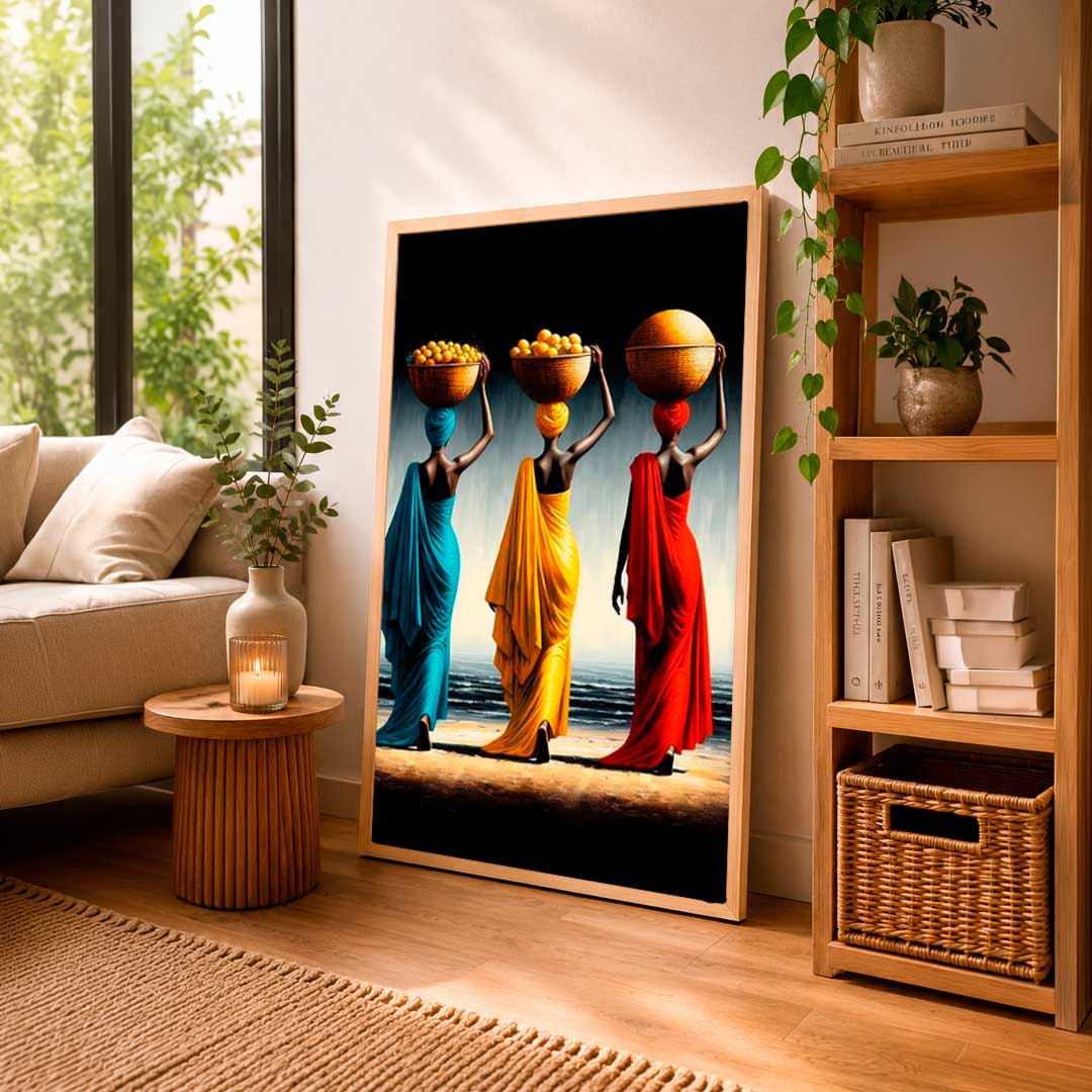Ilustración estilizada de mujeres africanas en colores vibrantes: azul, amarillo y rojo, portando cestas. Ideal para embellecer cualquier espacio.
