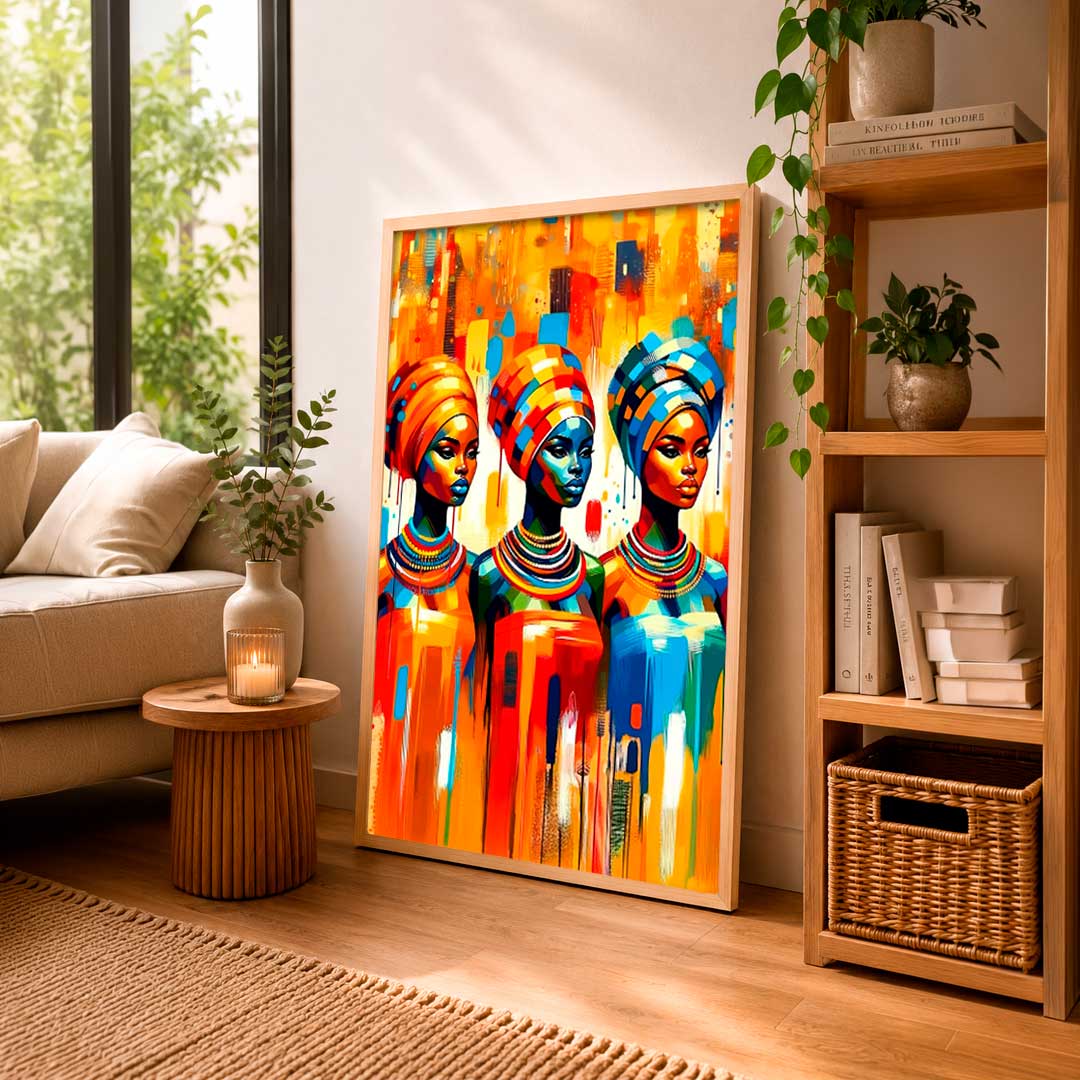 Tres figuras femeninas africanas con turbantes y vestidos coloridos. Estilo vibrante y moderno en tonos naranjas, azules y amarillos. Ideal para dar.