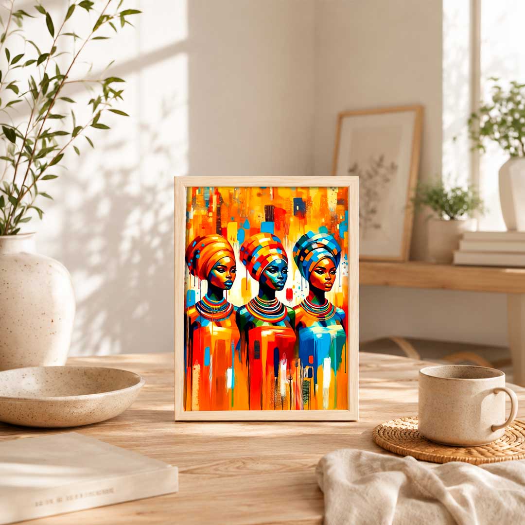 Vibrante ilustración de mujeres africanas con tocados coloridos en tonos naranja, azul y amarillo. Ideal para realzar cualquier espacio con estilo.