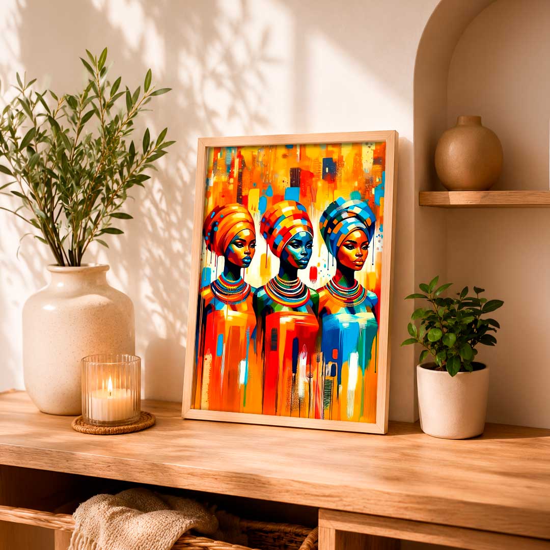 Ilustración colorida y expresiva de tres mujeres africanas con turbantes, en tonos vibrantes de naranja, azul y rojo, ideal para decorar cualquier.
