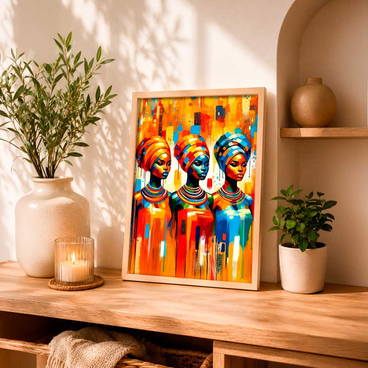 Ilustración colorida y expresiva de tres mujeres africanas con turbantes, en tonos vibrantes de naranja, azul y rojo, ideal para decorar cualquier.