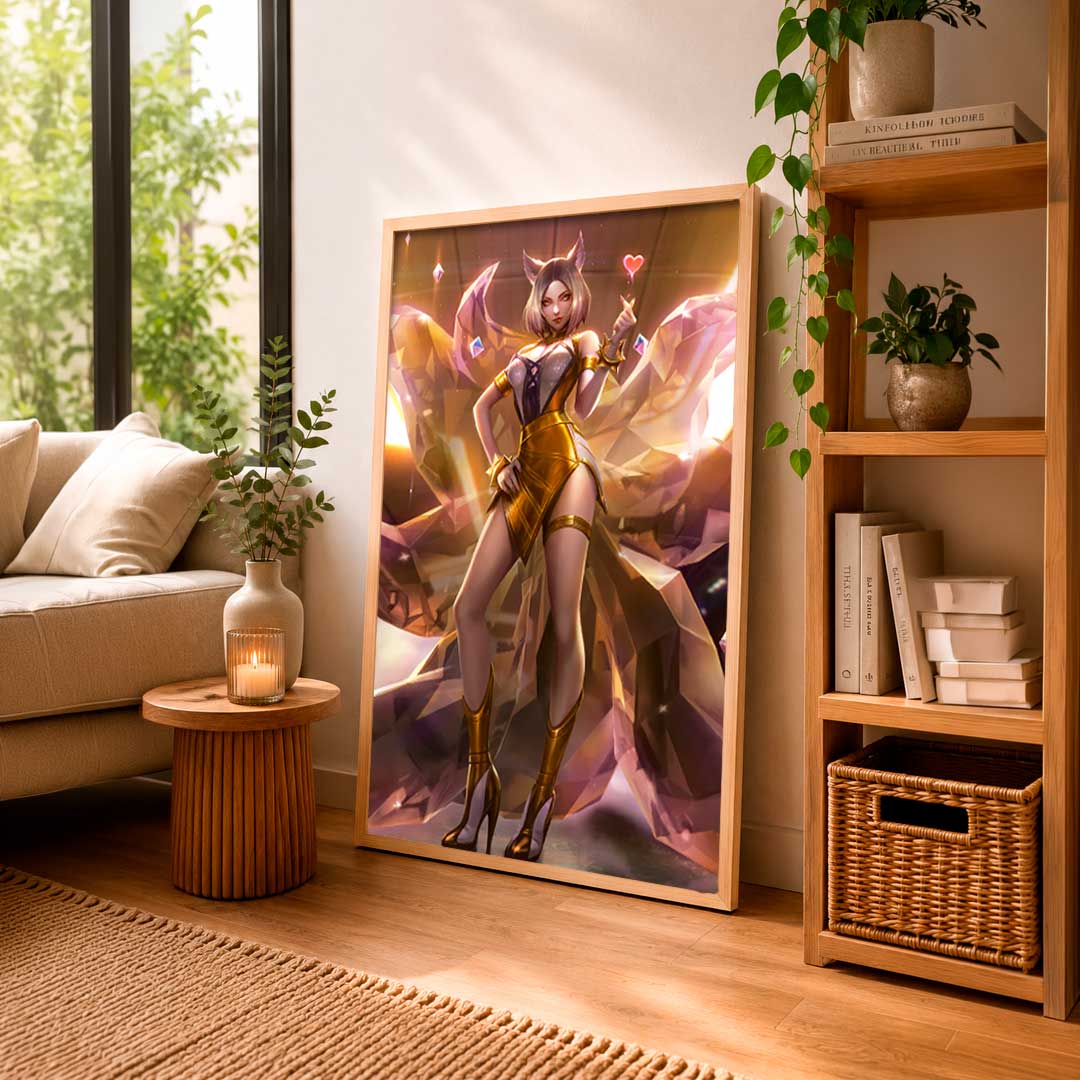 Ilustración de un personaje femenino con cabello plateado y atuendo dorado, en un estilo moderno y vibrante. Perfecta para decorar cualquier espacio.