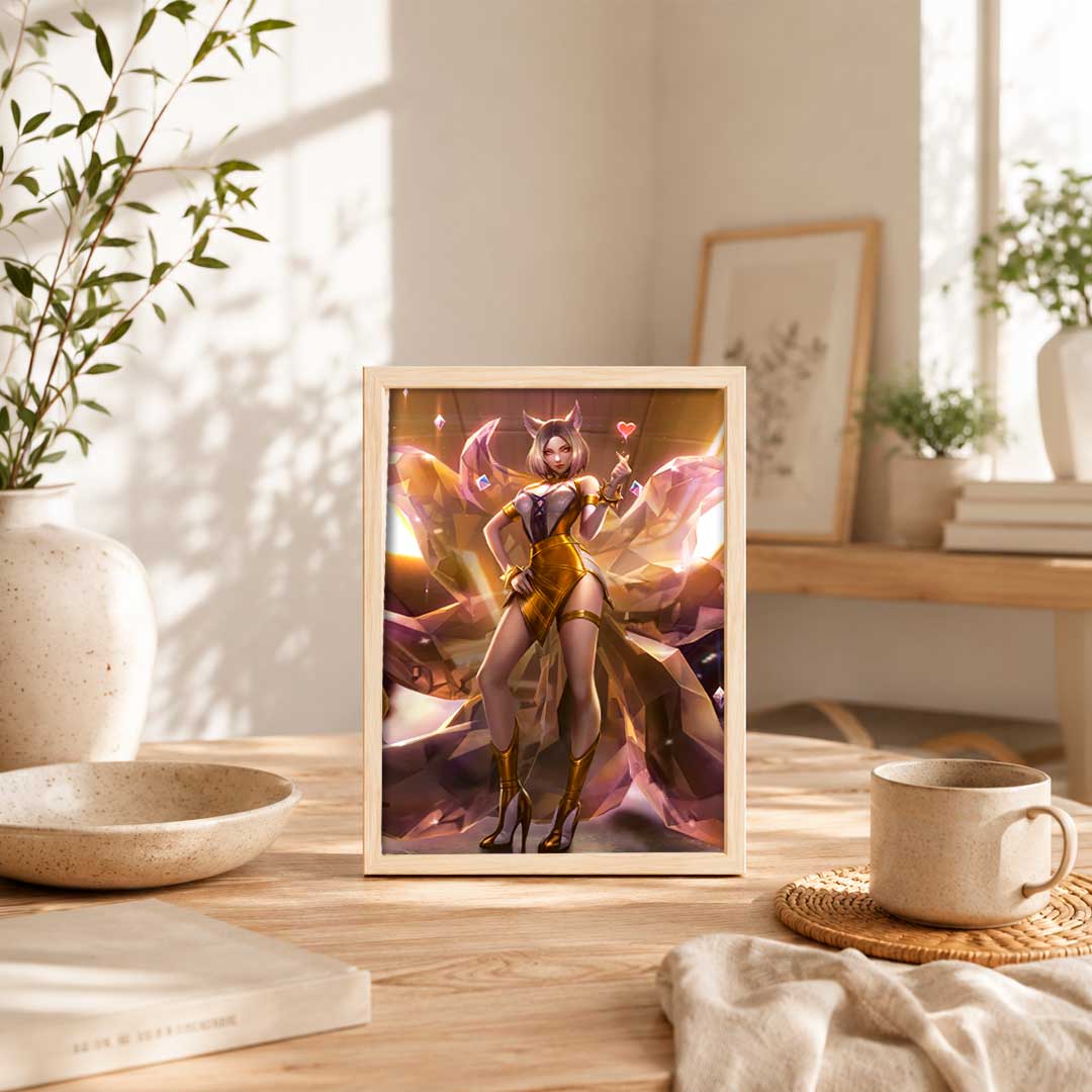 Ilustración de personaje femenino vibrante y moderno en tonos dorados y morados, con un estilo de fantasía. Ideal para decorar tu espacio personal.