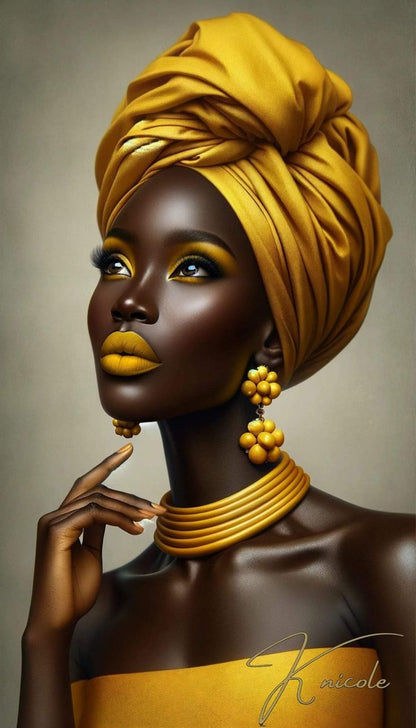 Retrato artístico de mujer con turbante dorado y accesorios a juego, estilo moderno y elegante. Perfecto para darle un toque cultural a tus espacios.