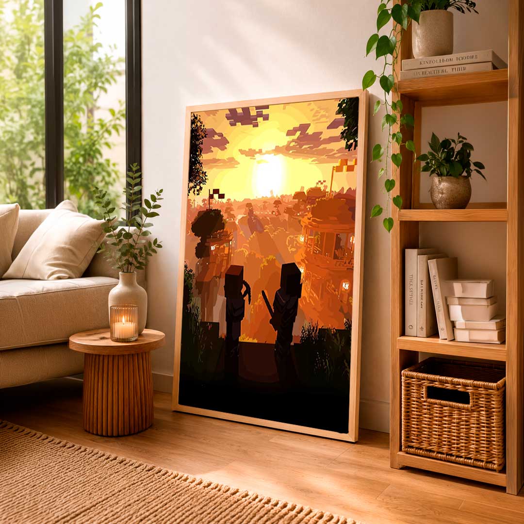 Arte decorativo con una escena pixelada de una aldea al atardecer en tonos cálidos, ideal para embellecer cualquier espacio.