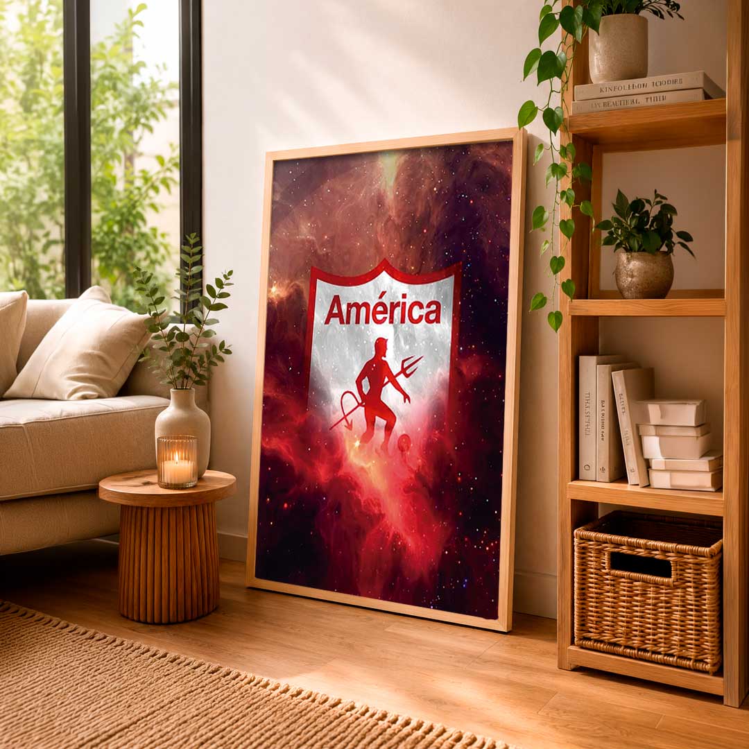 Ilustración de América de Cali con un fondo espacial en tonos rojos y morados. Perfecta para añadir un toque único a tu espacio.
