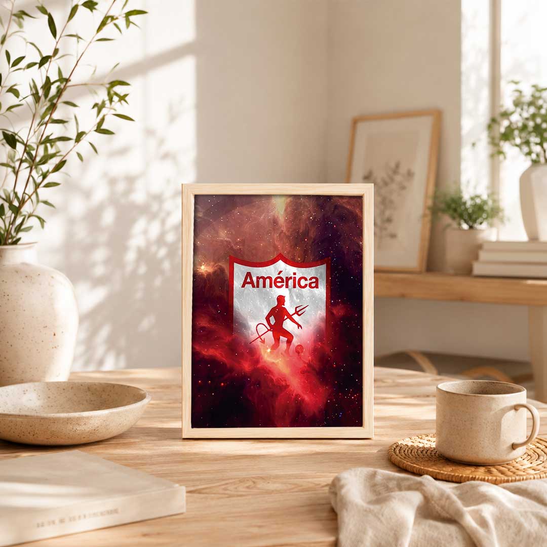 Ilustración con un escudo rojo intenso y una figura dinámica en medio de un fondo cósmico. Ideal para decorar tu hogar u oficina.