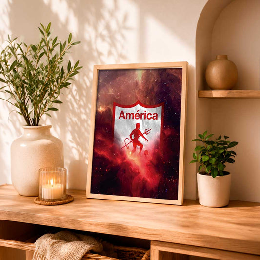 Imagen decorativa con un emblema de América de Cali en tonos rojos y negros con un estilo vibrante. Ideal para añadir personalidad a cualquier.