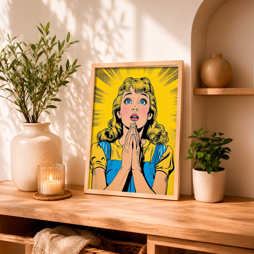 Ilustración estilo pop art de una mujer rubia con gesto de asombro sobre fondo amarillo. Ideal para decorar tu hogar u oficina con un toque vibrante.