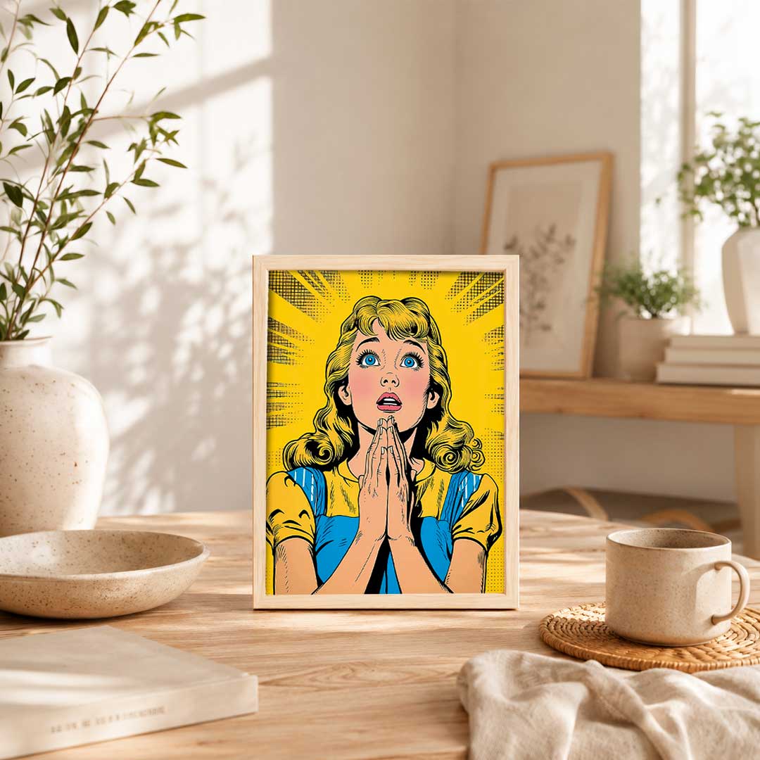 Ilustración en estilo pop art de una figura femenina con expresión asombrada, en tonos vibrantes de amarillo y azul. Ideal para decorar cualquier.