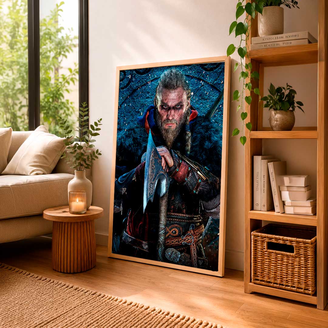 Obra decorativa con motivo vikingo, estilo detallado en tonos oscuros y azules. Ideal para darle carácter a tu hogar u oficina.