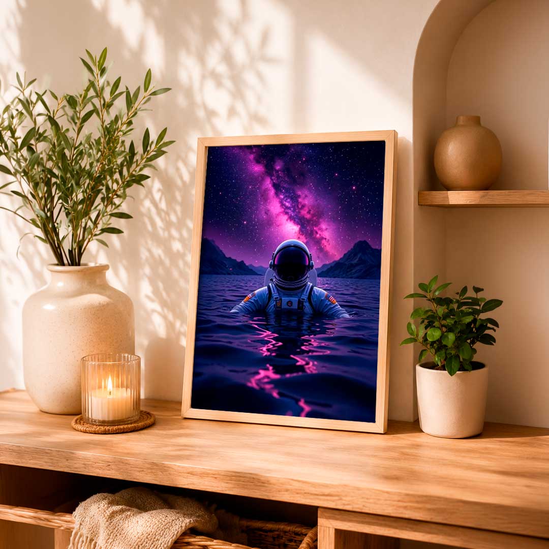 Imagen de un astronauta en un paisaje cósmico, con tonos púrpuras y azules. Ideal para darle un toque galáctico a tu hogar u oficina.