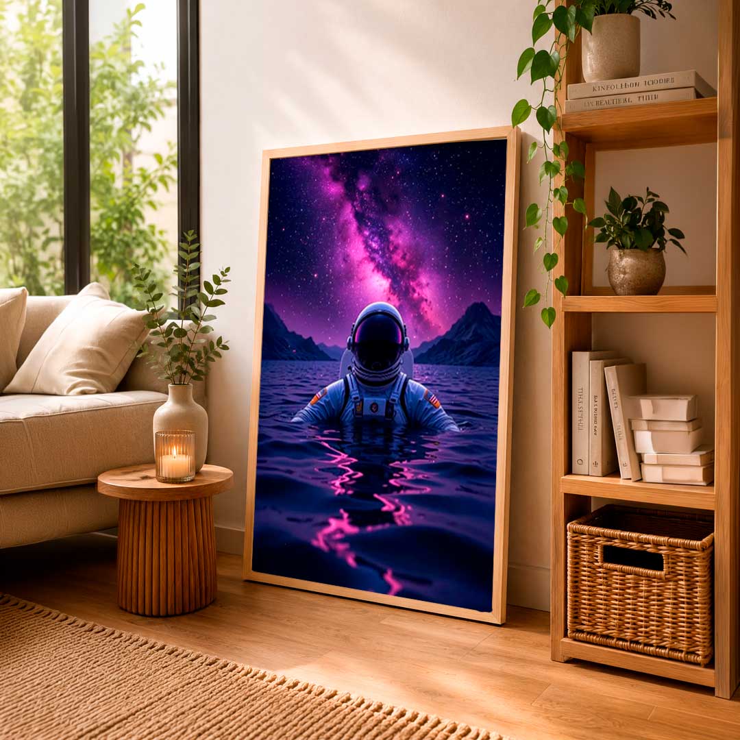 Ilustración de un astronauta flotando en aguas serenas bajo una galaxia resplandeciente en tonos púrpura y rosa. Perfecta para decorar hogar.