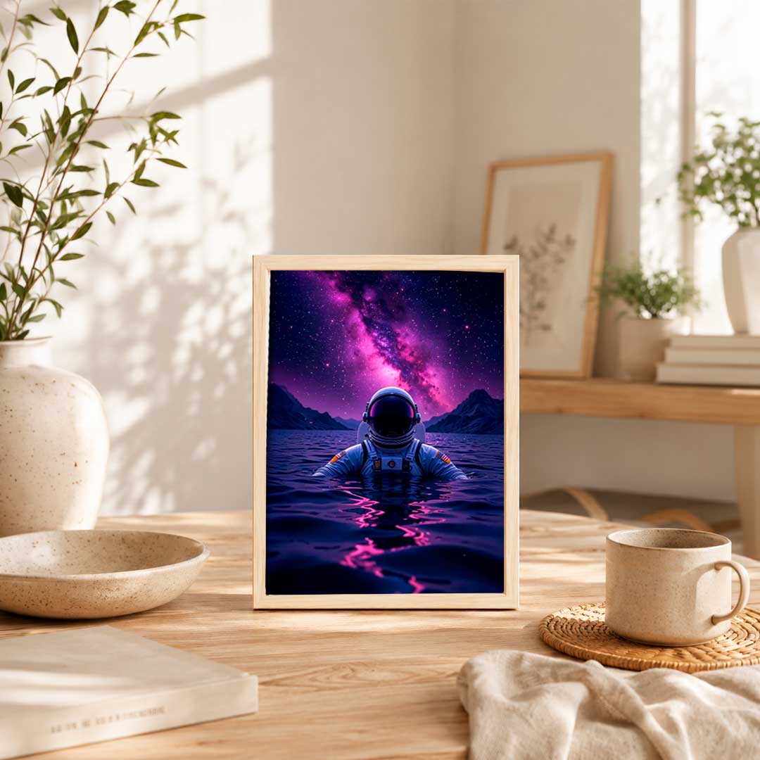 Ilustración de un astronauta flotando en aguas misteriosas bajo una galaxia deslumbrante en tonos púrpura y rosa. Perfecta para decorar cualquier.