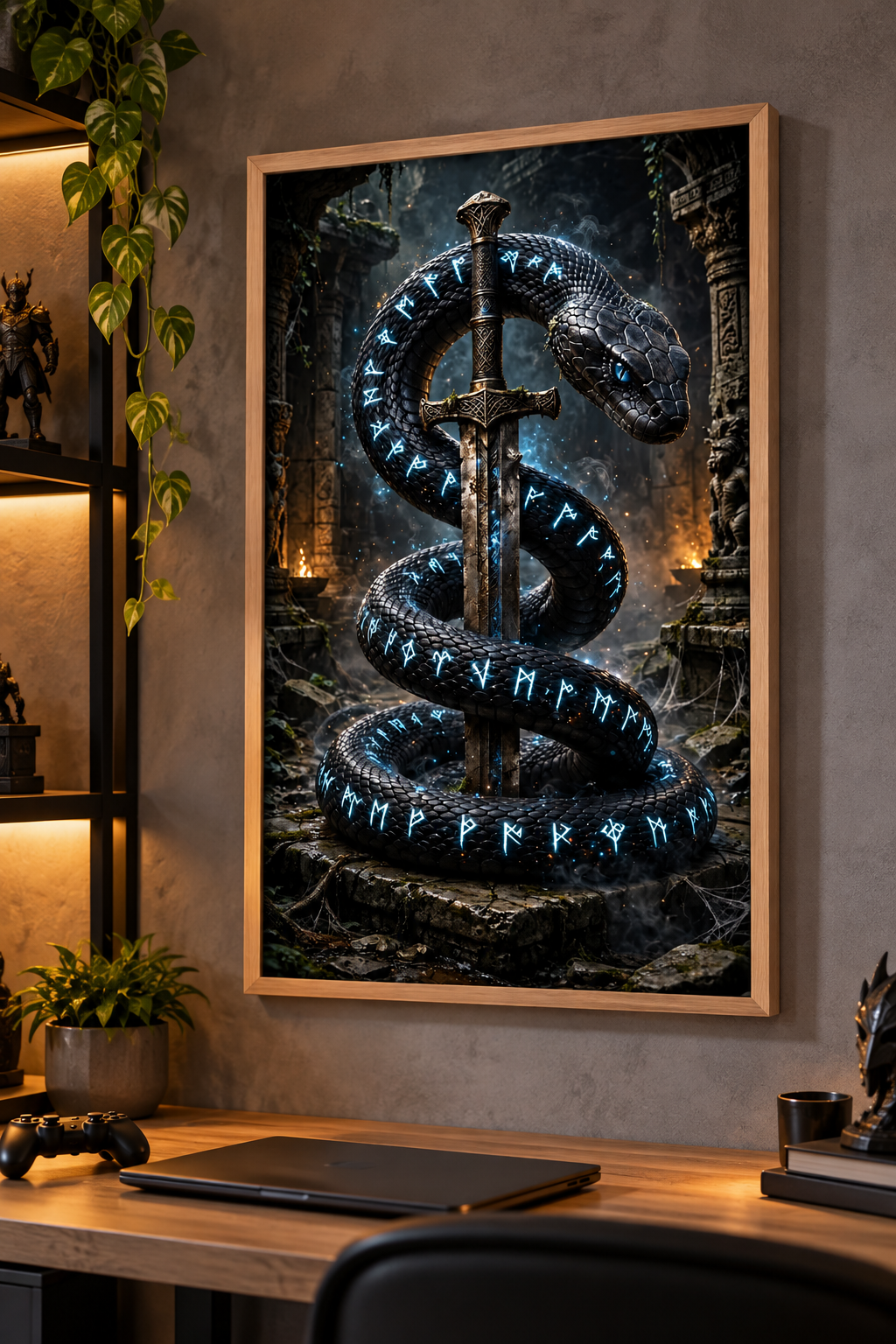 Serpiente rúnica en santuario gamer
